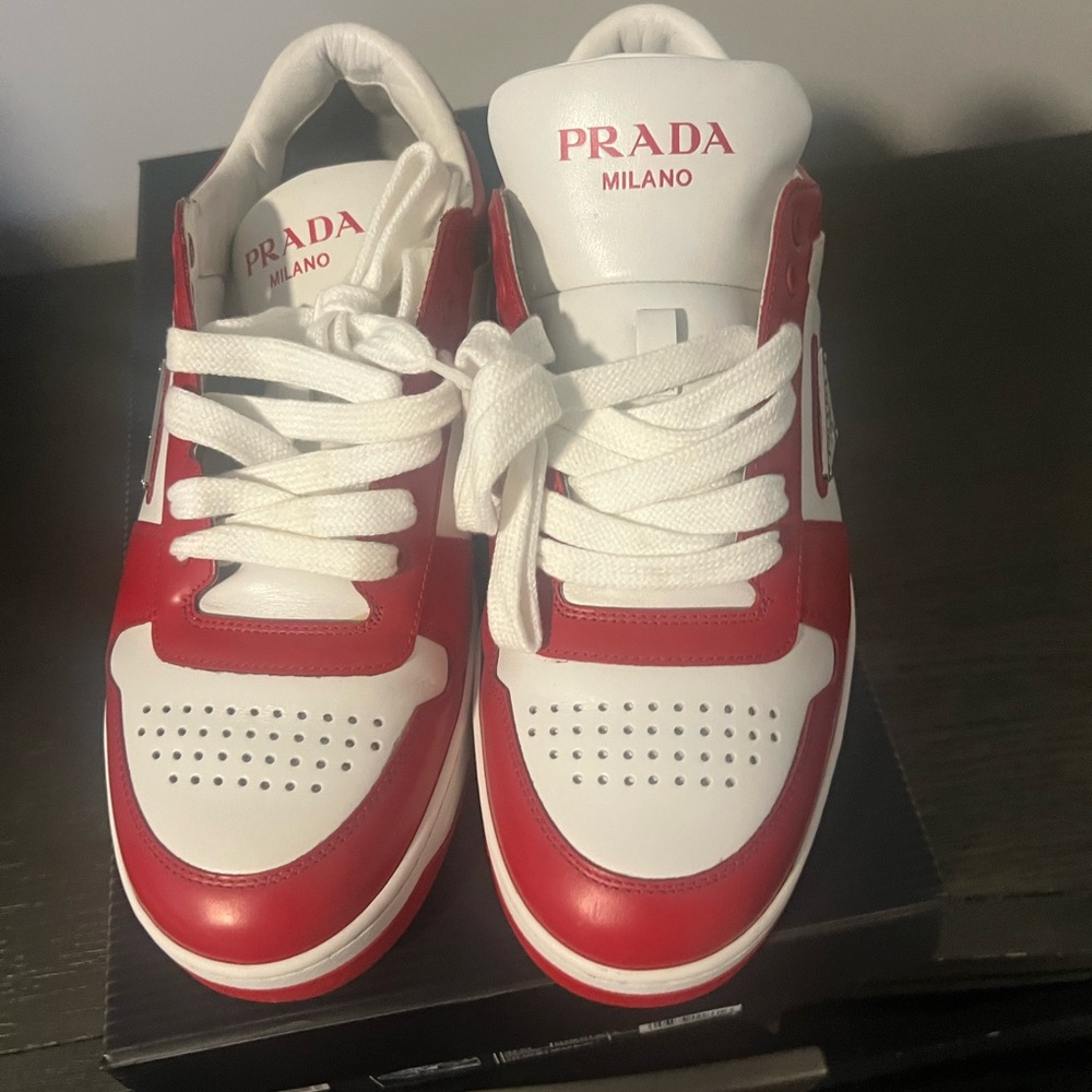 Prada Milano Red and White Leather Sneakers
